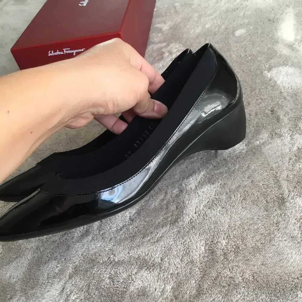 Salvatore Ferragamo Nuria Wedge Black Patent Leather Pumps Size 6 - Picture 10 of 10
